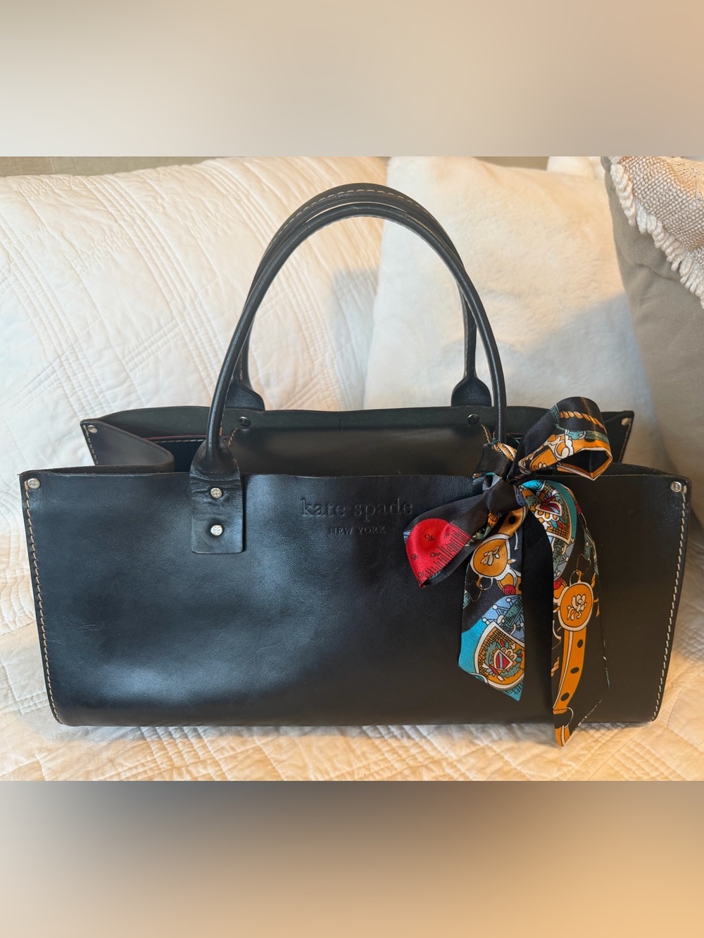 Kate Spade Rare Baguette Style Black Leather Structured Tote with scarf